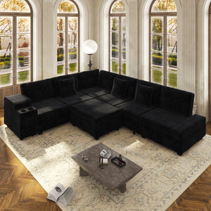 English Elm 110.2" Corduroy Sectional Sleeper Sofa with Ottoman Usb Ports Storage Armrests Living Room Black W3219S00014