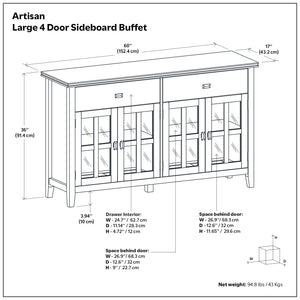 English Elm Artisan Solid Pine Buffet with Glass Panel Doors Matte Black Dining Storage B136P439010