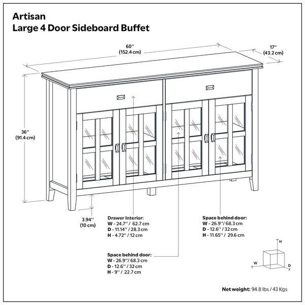 English Elm Artisan Solid Pine Buffet with Glass Panel Doors Matte Black Dining Storage B136P439010