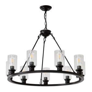 English Elm 9-light Matte Black Wagon Wheel Chandelier Seeded Glass Farmhouse Dining Room W5008P390906
