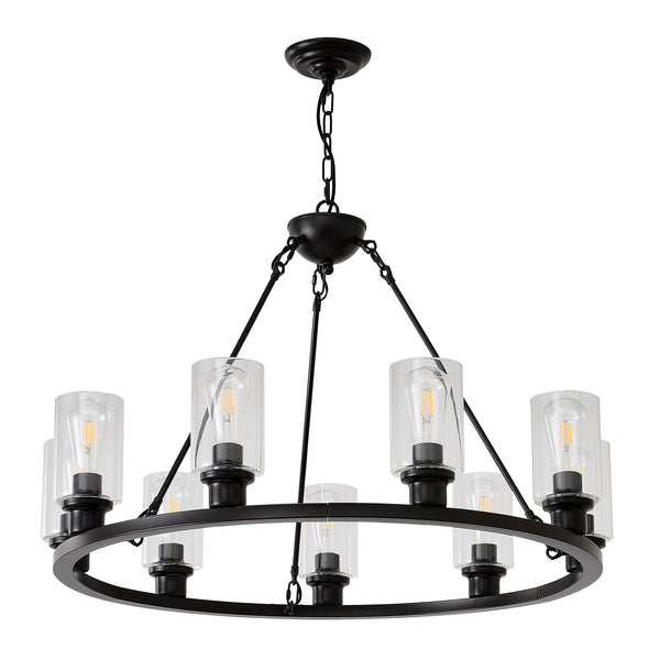 English Elm 9-light Matte Black Wagon Wheel Chandelier Seeded Glass Farmhouse Dining Room W5008P390906