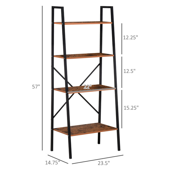 English Elm Wooden Four Tier Ladder Bookcase Steel Frame Rustic Brown Shelving for Any Room T3971P386152