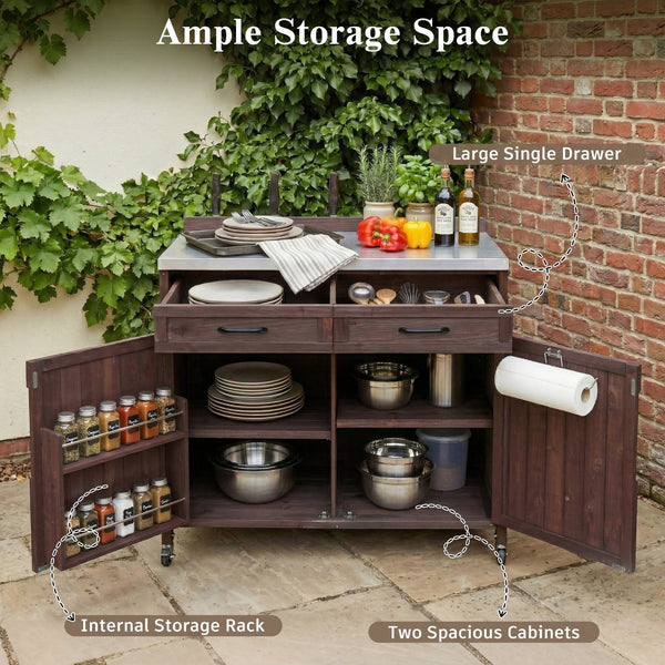 English Elm K&k Outdoor Prep Station Stainless Steel Top Fir Wood Cabinet with Drawer and Wheels Dark Brown N707P370273Z