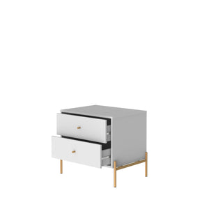 English Elm Jasper 25" Nightstand with Two Full-Extension Drawers, Gold Accents & Sleek Brushed Steel Legs White B365P398533