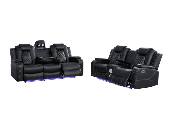 English Elm Leisureluxe Reclining Sofa Set with Led Lighting Wireless Charging and Storage Arms B2730S00015