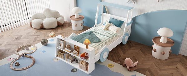English Elm Twin Pine Treehouse Floor Bed with Padded Rails and Cabin Roofline for Kids White+Blue W1580S00470