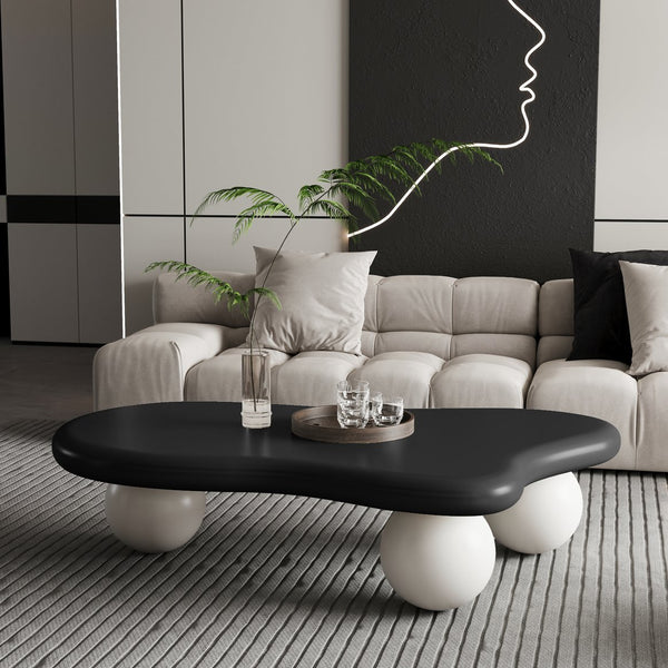 English Elm 47 Inch Cloud-Shaped Coffee Table With 3 Ball Legs - Modern Black & White Design For Living Rooms W1435S00017