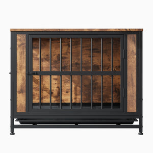 English Elm Dog Crate Furniture Wooden Kennel with Iron Frame Rustic Side Table for Small Pets W840P203066