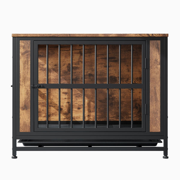 English Elm Dog Crate Furniture Wooden Kennel with Iron Frame Rustic Side Table for Small Pets W840P203066