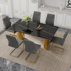 English Elm Table Modern Luxury Dining Set With Glass Top, Imitation Marble Design, 6 Comfortable Pu Chairs W1151S04330-GIGA