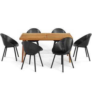 English Elm Christopher Knight Home® - Gable Janiyah Outdoor Paito 7PCS Dining Set with Ergonomic White PP Chairs and Durable Wood Table Acacia Wood,Black GABLEJANI7PCDB