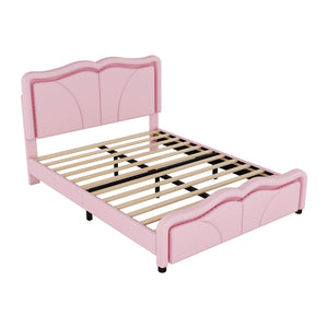 English Elm Full Full Size Upholstered Platform Bed in Pink with Curved Headboard, 3-Height Adjust, LED Strips, Sturdy Frame WF323749AAH