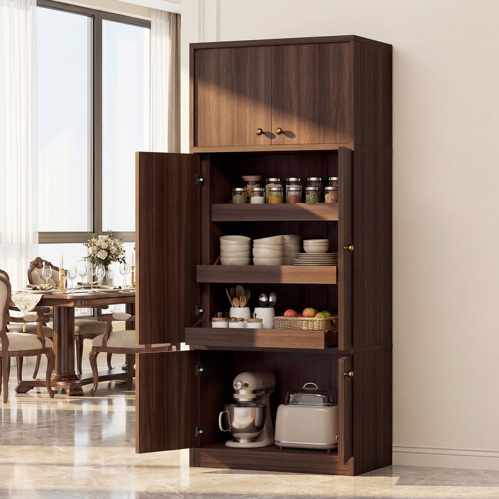 English Elm Tall Freestanding Pantry Cabinet E1 Wood Walnut Finish Adjustable Shelves Kitchen Storage B2764S00005