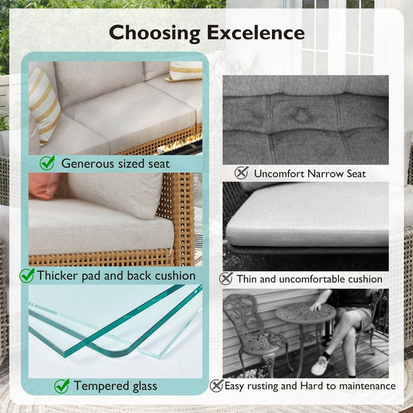 English Elm K&K 8-Piece Patio Conversation Set with 43" 60,000 BTU Propane Fire Pit, UV Wicker & Thick Cushions Beige,Orange N707S000012Z