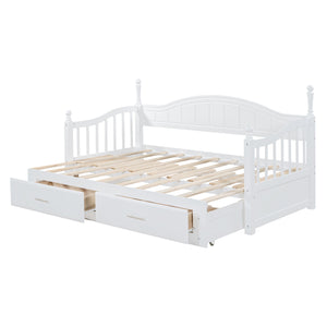 English Elm Wooden Twin Daybed with Trundle and Two Storage Drawers, Solid MDF Frame, Guardrails for Safety and Style White 43.5 L x 24.75 W x 6 H N733S173459K