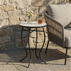 English Elm Outdoor Mosaic Ceramic Tile Round Side Table with Curved Wrought Iron Patio Accent Grey+Black N773P365597G