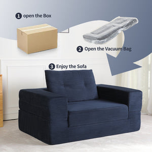 English Elm Compression Human Dog Sofa Bed 3-in-1 Folding Corduroy Floor Couch with Memory Foam Pillow for Living Room Dark Blue W3723P376785