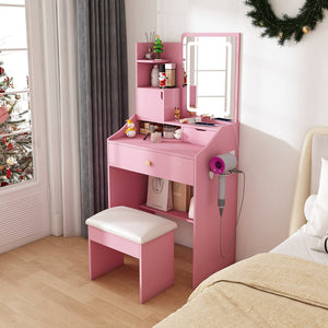 English Elm 3-color Led Vanity Table with Stool Drawers and Built-in Power Hub for Bedroom Pink W2700P457871