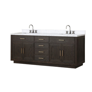 English Elm Brown Oak Double Bath Vanity With Carrara Marble Top & Faucet Set - Elegant Storage Solution For Your Bathroom B2731P257851
