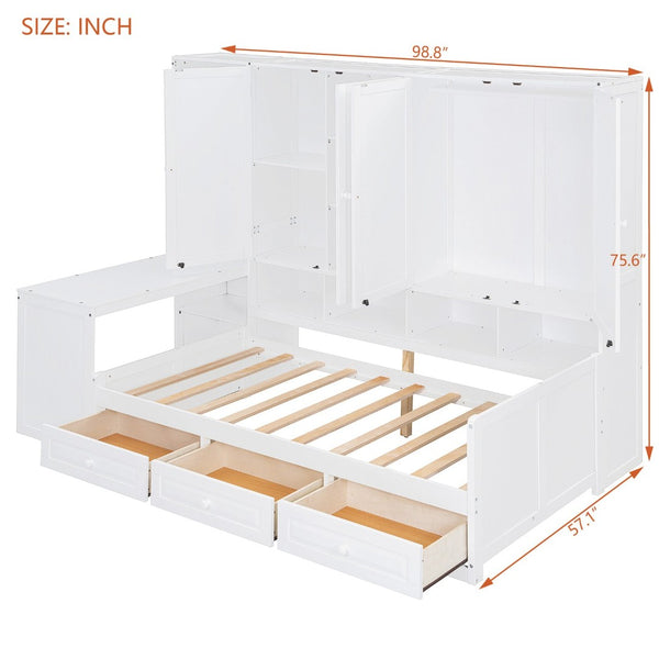 English Elm Twin Size Daybed With Storage Drawers, Desk & Shelves - Stylish Space-Saving Furniture In White N820S00054K-GIGA