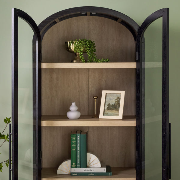 English Elm Walker Edison - Modern 5 Shelf Arched Tall Bookcase with Tempered Glass Doors, MDF Durability, Sleek Metal Handles, Showcase Pieces in Living and Office Spaces Black 72.31 L x 19.01 W x 15 H B185S00024