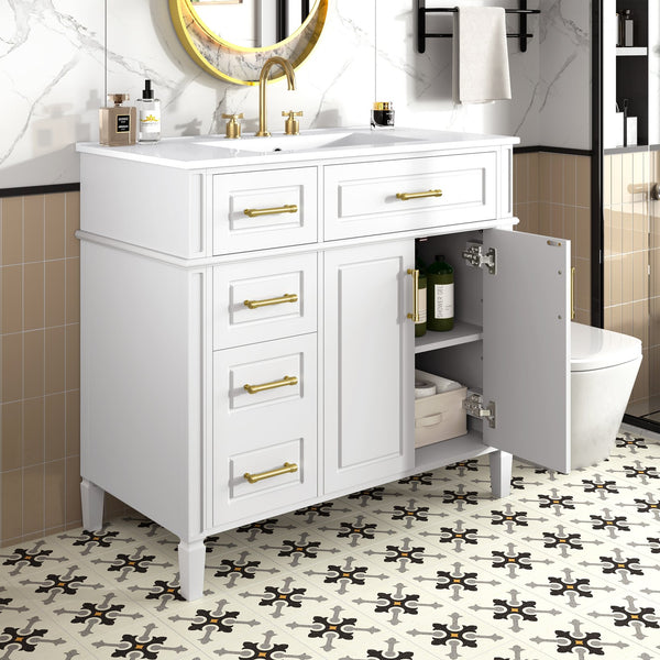 English Elm 36 Inch Freestanding Bathroom Vanity Sage Pine Cabinet Gold Hardware Ceramic Sink White N725P366466K