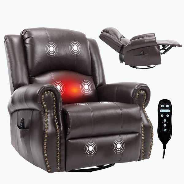 English Elm Heat Massage Rocker Swivel Recliner Chair with Lumbar Relief Nodes for Living Room Brown W3224S00031