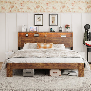 English Elm Bed Frame King Size - Modern Wooden Platform With Led Headboard, Usb Ports & Ample Under-Bed Storage W636P233485