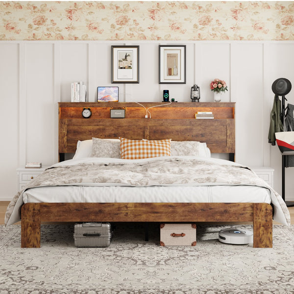 English Elm Bed Frame King Size - Modern Wooden Platform With Led Headboard, Usb Ports & Ample Under-Bed Storage W636P233485