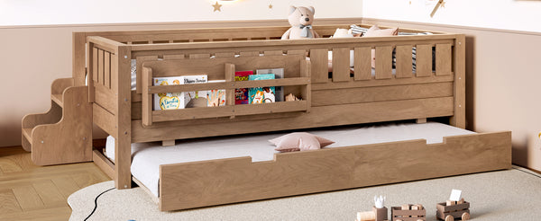 English Elm Twin Kids Platform Bed with Trundle Staircase Bookshelf and Rounded Safety Rails Natural W1580S00558