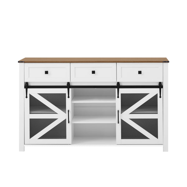 English Elm U_style Industrial Sideboard with Sliding Barn Doors Iron Mesh Panels and Three Drawers White N711P347384K
