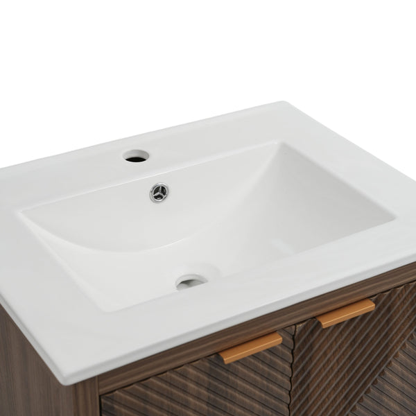 English Elm Christopher Knight Home® - 24 24-Inch Bathroom Vanity with Ceramic Sink, Textured Panels, Soft-Close Drawer & Large Storage Brown N817P339017B