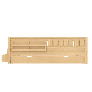 English Elm Twin Kids Platform Bed with Trundle Staircase Bookshelf and Rounded Safety Rails Light Natural W1580S00557