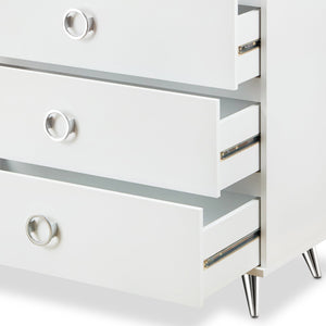 English Elm Elms White Finish Chest with 5 Smooth-Glide Drawers, Silver Ring Pulls & Modern Tapered Legs B2726P255308