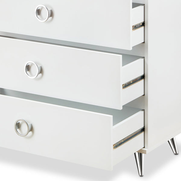 English Elm Elms White Finish Chest with 5 Smooth-Glide Drawers, Silver Ring Pulls & Modern Tapered Legs B2726P255308