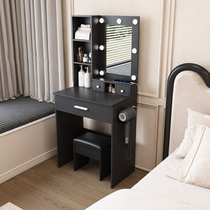 English Elm Vanity compact dressing desk with LED mirror, 3-color dimmable lights, drawers, stool, outlet Black W2699P345801