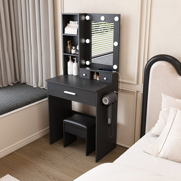English Elm Vanity compact dressing desk with LED mirror, 3-color dimmable lights, drawers, stool, outlet Black W2699P345801