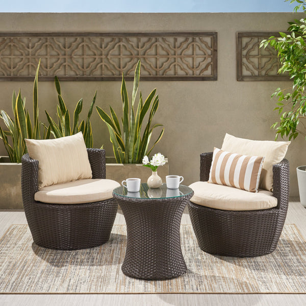 English Elm Christopher Knight Home® - KONO Woven Outdoor 3-Piece Patio Chat Set with Aluminum Frame, Tempered Glass Table, Cushions Brown+Beige 53142.00ALUBRN