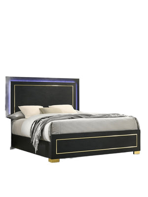 English Elm Black Queen Platform Bed with Led Headboard Gold Trim and Angled Metal Legs B2741S00151