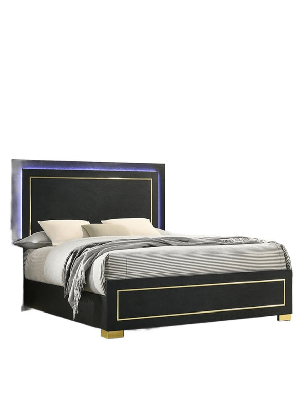 English Elm Black Queen Platform Bed with Led Headboard Gold Trim and Angled Metal Legs B2741S00151