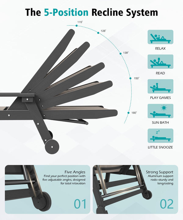 English Elm Lounge Outdoor Hdpe Reclining Chaise with Teslin Fabric Seat Wheels and Cup Holder Khaki W1859P494823