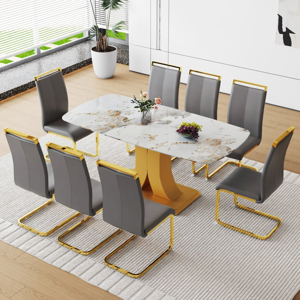 English Elm Table Luxurious 9-Piece Dining Set With Patterned Glass Top And Golden Legs, 8 Dark Gray Pu Chairs W1151S03236-GIGA