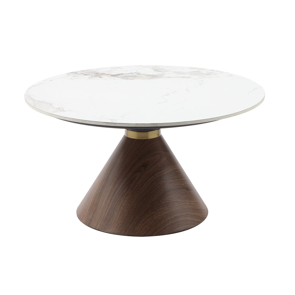 English Elm Luxury Greer Conical Cocktail Table with White Sintered Stone Top, Oak Base & Gold Stainless Band B011S00981