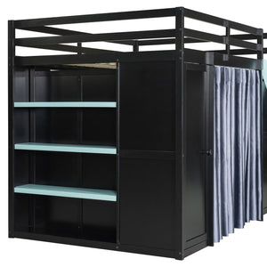 English Elm Full Size Wood Loft Bed with Wardrobe Desk Shelves Rgb Lighting and Blackout Curtains Black+Blue LT000269AAC-1