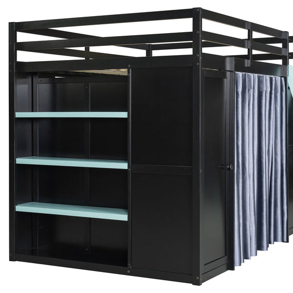 English Elm Full Size Wood Loft Bed with Wardrobe Desk Shelves Rgb Lighting and Blackout Curtains Black+Blue LT000269AAC-1