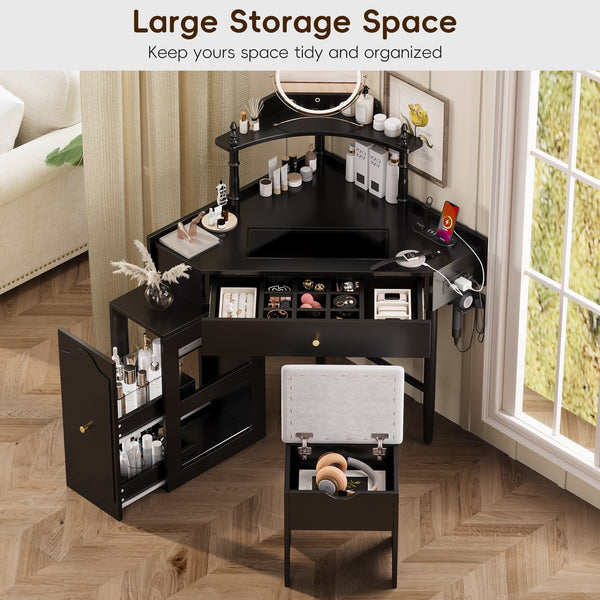 English Elm Corner Vanity Desk Set with Stool Charging Station Glass Top Pull-Out Cabinet Jewelry Organizer Black 35.82 L x 32 W x 8 H N733P336237B