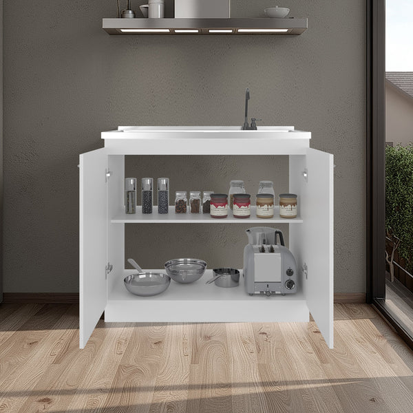 English Elm Zurich Freestanding Stainless Steel Utility Sink with Black Storage Cabinet for Garage B200S00460
