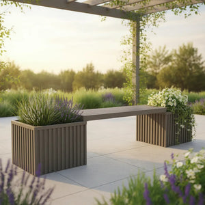 English Elm Grove Outdoor Aluminum Planter Bench Rust Proof Slatted Modular Garden Seating Brown Grey B2755P470159