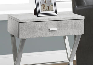 English Elm Accent Elegant Modern Side Table with Glossy Laminate, Chrome Base and Drawer for Living Spaces Grey 22 L x 14 W x 7 H B2710P219243