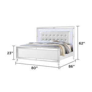 English Elm Sterling King Upholstered LED Bed White with Crystal Tufted Headboard, Mirror Front Glam Design B009S01818